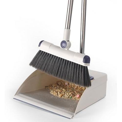  Beldray LA030216FEU7 Deep Clean Long Handle Dustpan and Brush Set - Multi Surface Floor Sweeper, Integrated Broom Comb and Swivel Head, Scratch-Free Soft Bristles, for All Hard Floors