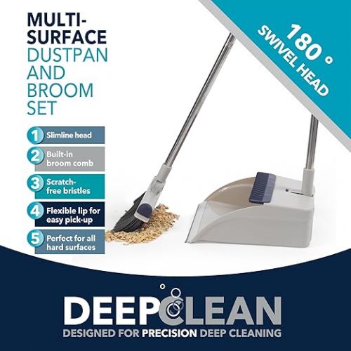  Beldray LA030216FEU7 Deep Clean Long Handle Dustpan and Brush Set - Multi Surface Floor Sweeper, Integrated Broom Comb and Swivel Head, Scratch-Free Soft Bristles, for All Hard Floors