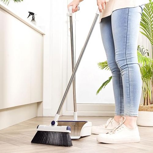  Beldray LA030216FEU7 Deep Clean Long Handle Dustpan and Brush Set - Multi Surface Floor Sweeper, Integrated Broom Comb and Swivel Head, Scratch-Free Soft Bristles, for All Hard Floors