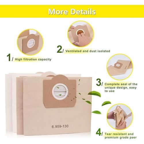  ZEYXINH Pack of 10 WD3 Vacuum Cleaner Bags for Karcher 6.959-130.0 Paper Filter Bags, Vacuum Cleaner Bags for Karcher WD3 1629 MV3 Premium A2201/2204/2504/2554/2251/2604 Filter Bags Dust Bags