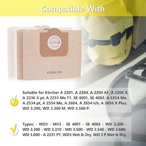  ZEYXINH Pack of 10 WD3 Vacuum Cleaner Bags for Karcher 6.959-130.0 Paper Filter Bags, Vacuum Cleaner Bags for Karcher WD3 1629 MV3 Premium A2201/2204/2504/2554/2251/2604 Filter Bags Dust Bags