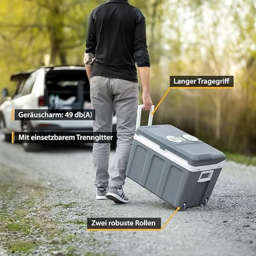  TZS First Austria - 40 litre cool box with wheels, to keep food warm or cold. Thermo-electric cooling box 12V and 230 Volt, mini fridge / insulated box for car, boat, camping. Energy efficiency class A++ with Eco mode.