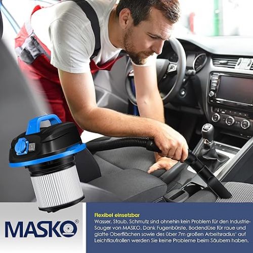  Masko® industrial vacuum cleaner, 1800 W, with socket, blow function, multi-purpose vacuum cleaner, dry and wet suction, industrial vacuum cleaner with and without bags, water vacuum cleaner, bagless, blue