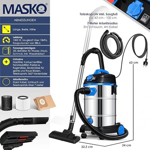  Masko® industrial vacuum cleaner, 1800 W, with socket, blow function, multi-purpose vacuum cleaner, dry and wet suction, industrial vacuum cleaner with and without bags, water vacuum cleaner, bagless, blue