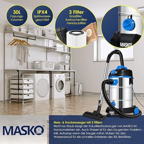  Masko® industrial vacuum cleaner, 1800 W, with socket, blow function, multi-purpose vacuum cleaner, dry and wet suction, industrial vacuum cleaner with and without bags, water vacuum cleaner, bagless, blue