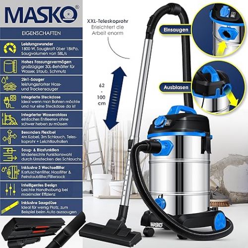  Masko® industrial vacuum cleaner, 1800 W, with socket, blow function, multi-purpose vacuum cleaner, dry and wet suction, industrial vacuum cleaner with and without bags, water vacuum cleaner, bagless, blue