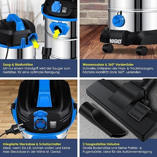  Masko® industrial vacuum cleaner, 1800 W, with socket, blow function, multi-purpose vacuum cleaner, dry and wet suction, industrial vacuum cleaner with and without bags, water vacuum cleaner, bagless, blue