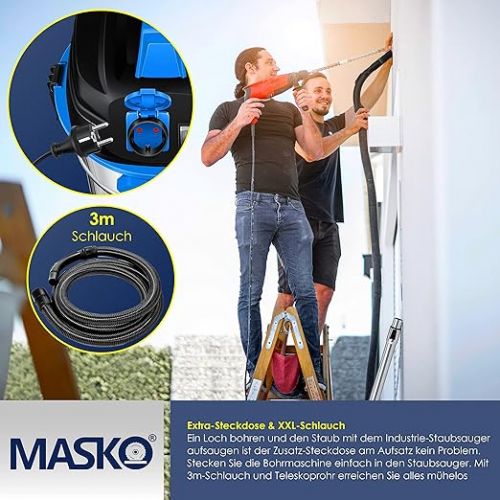  Masko® industrial vacuum cleaner, 1800 W, with socket, blow function, multi-purpose vacuum cleaner, dry and wet suction, industrial vacuum cleaner with and without bags, water vacuum cleaner, bagless, blue