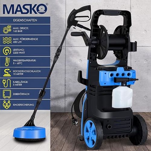  MASKO® Pressure Washer 2200 Watt 165 Bar 450 l/h with Spool Hose Reel 10 m Hose 9-Piece Accessory Set with Soap Bottle Foam Nozzle High Pressure Gun for Cars / Fences / Garden / Patios / Pool Blue