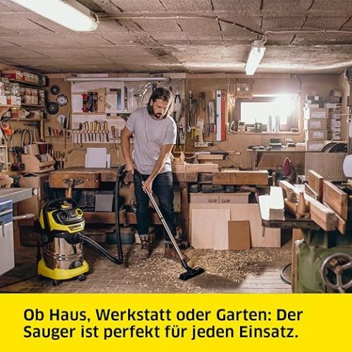  Karcher WD 6 P S V-30/6/22/T Wet/Dry Vacuum Cleaner with Socket, Flat Pleated Filter, Patented Filter Box, Filter Cleaning, 1,300 W, Stainless Steel Container: 30 L & Drain Plug, Suction Hose: 2.2 m