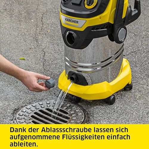  Karcher WD 6 P S V-30/6/22/T Wet/Dry Vacuum Cleaner with Socket, Flat Pleated Filter, Patented Filter Box, Filter Cleaning, 1,300 W, Stainless Steel Container: 30 L & Drain Plug, Suction Hose: 2.2 m