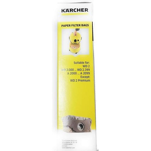  Karcher - 5 x Filter Paper Bags for Water and Dust Vacuum Cleaner - Compatible with: A2000 to A2099 and WD2.000 to WD2.399 - Ref 6.904 - 322.0, 69043220