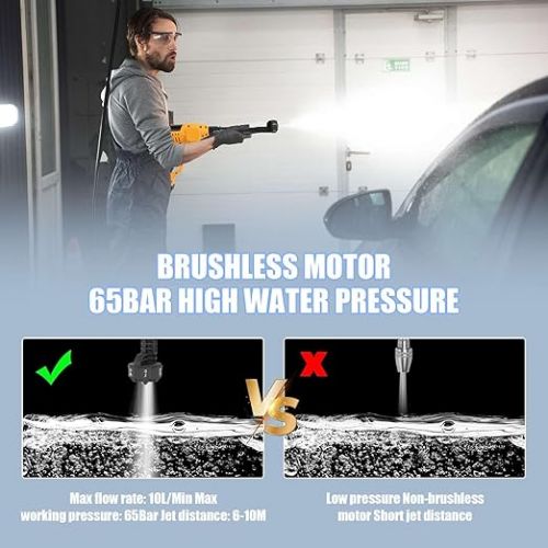  Battery Pressure Washer, 65 Bar Mobile Pressure Washer with 2 x 6000 mAh Batteries, 6-in-1 Multifunctional Nozzle, 10 Pressure Levels Adjustable, 5 m Hose, LED Display, Suitable for Cars, Patio,