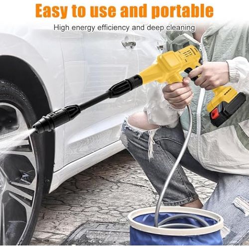  Battery Pressure Washer, Portable Pressure Washer Gun, Compatible with Dewalt 20 V Battery, with 5 m Hose, 40° Nozzle, Filter, Foam Jug, 9 L Folding Bucket for Car, Garden, Patio Cleaning (Without