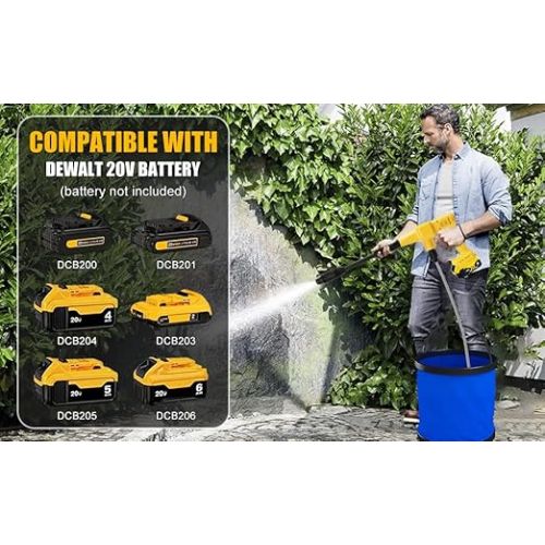  Battery Pressure Washer, Portable Pressure Washer Gun, Compatible with Dewalt 20 V Battery, with 5 m Hose, 40° Nozzle, Filter, Foam Jug, 9 L Folding Bucket for Car, Garden, Patio Cleaning (Without