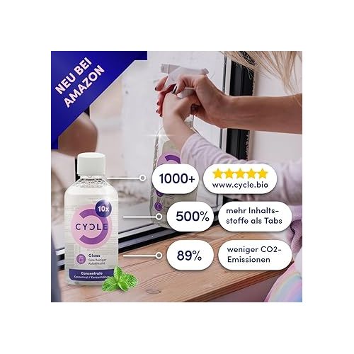  CYCLE Glass Cleaner Concentrate Refill, Revolutionary Formula, Recycled & Plant-Based Ingredients for Streak-Free Shine, Glass Surfaces, Mirrors, Window Cleaner. 4 x 50 ml = Makes 2 Litres