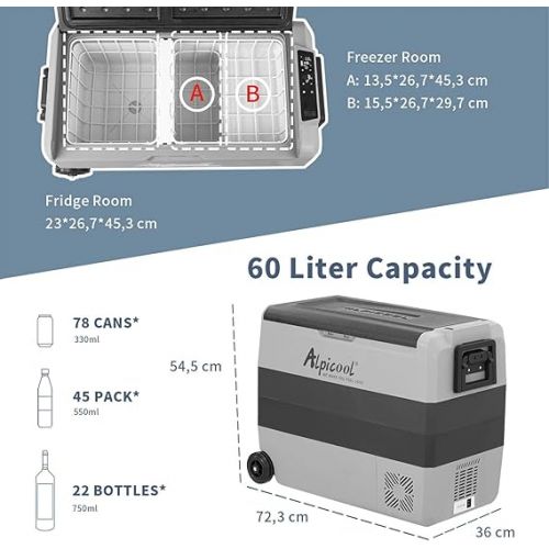  Alpicool T60 60 Litre Portable Fridge 12 V 24 V Cool Box Electric Freezer Small Freezer for Car Camping, Truck, Boat and Socket with USB Port