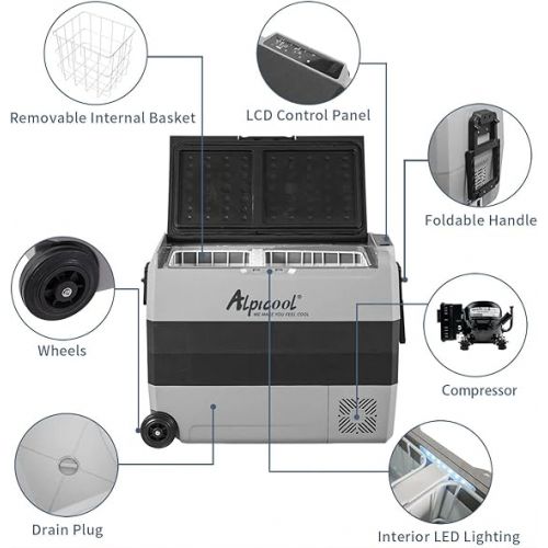  Alpicool T60 60 Litre Portable Fridge 12 V 24 V Cool Box Electric Freezer Small Freezer for Car Camping, Truck, Boat and Socket with USB Port