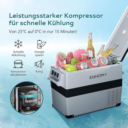  EUHOMY 12 V Compressor Cool Box 45 L, Cool Box Car Compressor with App Controlled, 12 V/240 V Fridge -20 °C to 20 °C, Portable Fridge for Camping, Travel, Trucks