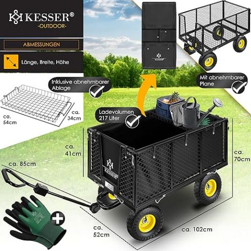  KESSER® hand cart, 550 kg load-bearing capacity, transport trolley, garden trolley, removable tarpaulin, tool trolley, hand trolley, versatile, black