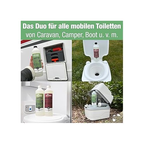  bio-chem Camping Toilet Set 2 Pieces: Organic Sanitary Liquid 1 L + Flushing Water Additive Including Dosing Cup - Sanitary Additive for Mobile Toilets and Chemical Toilets - Toilet Cleaner