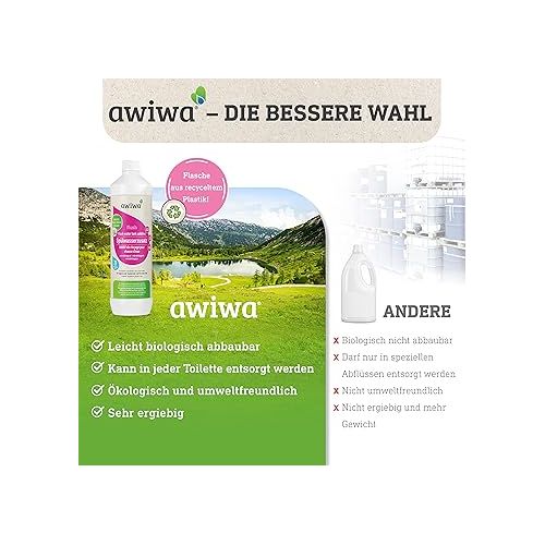  awiwa Flush Camping Toilet Additive for Flush Water Tank (1.0 L) - Microbiological Flush Water Additive Camping Toilet - Highly Effective Concentrate for Hygienic Cleanliness & Lasting Fragrance