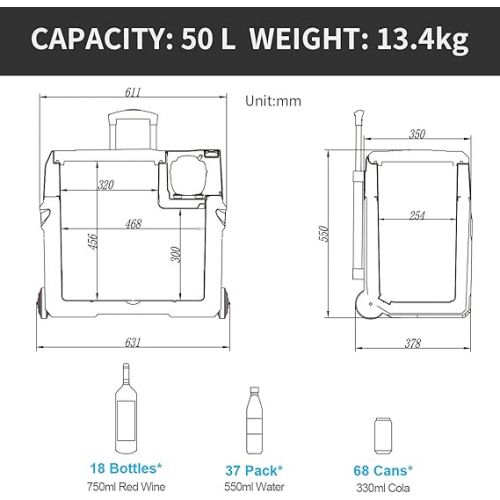  Alpicool CX50 50 Litre Cool Box 12 V Portable Fridge Electric Freezer Box Small Freezer for Car Camping, Truck, Boat and Socket with USB Connection / Telescopic Rod / Wheel