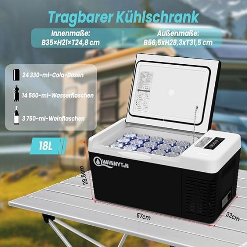  WANNYTON Kompressor Kuhlbox 18 Liter, Kuhlbox elektrisch 12 V 240 V, Camping Kuhlschrank mit Speicherfunktion, mit USB-Anschluss Getrankehaltern, tragbare Gefrierbox fur Auto Zuhause