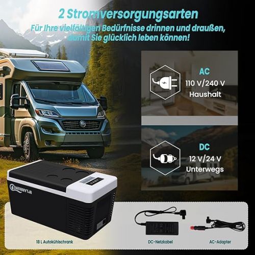  WANNYTON Kompressor Kuhlbox 18 Liter, Kuhlbox elektrisch 12 V 240 V, Camping Kuhlschrank mit Speicherfunktion, mit USB-Anschluss Getrankehaltern, tragbare Gefrierbox fur Auto Zuhause