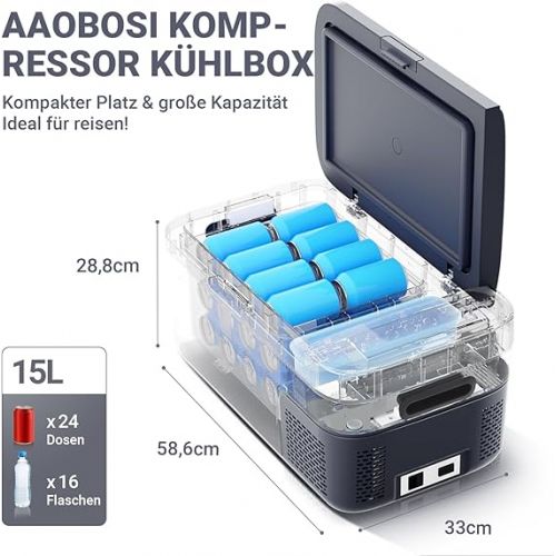  AAOBOSI Compressor Cool Box 15 L, Cool Box Car with App Control and USB Connection, Cool Box 12/24 V and 100-240 V Electric Cool Box, up to -20 °C for Garages, Car, Truck, Boat, Motorhome, Camping