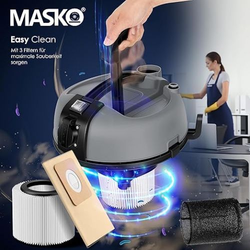  MASKO® Industrial Vacuum Cleaner, Stainless Steel 2300 W + Socket, Blow Function, Dry & Wet Vacuum, Push & Clean, Industrial Vacuum Cleaner with & without Bag, Bagless