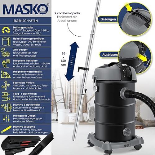  MASKO® Industrial Vacuum Cleaner, Stainless Steel 2300 W + Socket, Blow Function, Dry & Wet Vacuum, Push & Clean, Industrial Vacuum Cleaner with & without Bag, Bagless
