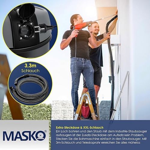  MASKO® Industrial Vacuum Cleaner, Stainless Steel 2300 W + Socket, Blow Function, Dry & Wet Vacuum, Push & Clean, Industrial Vacuum Cleaner with & without Bag, Bagless