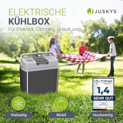  Juskys Electric Cool Box 24 Litres 12 V / 230 V for Car, Truck, Motorhome, Camping - Mini Fridge Cold & Warm - Thermoelectric Box - Grey