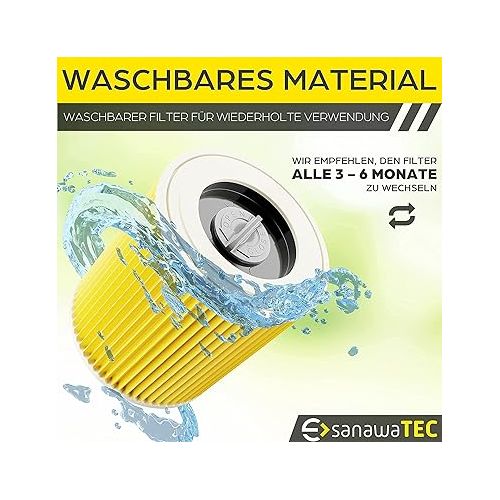  SANAWATEC 3x Cartridge Filter Compatible with Karcher Vacuum Cleaner Premium Replaces Filter WD2 WD3 WD1 MV3 MV2 WD 3 P Extension Kit Against Fine Dust / Odours