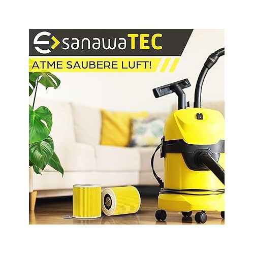  SANAWATEC 3x Cartridge Filter Compatible with Karcher Vacuum Cleaner Premium Replaces Filter WD2 WD3 WD1 MV3 MV2 WD 3 P Extension Kit Against Fine Dust / Odours