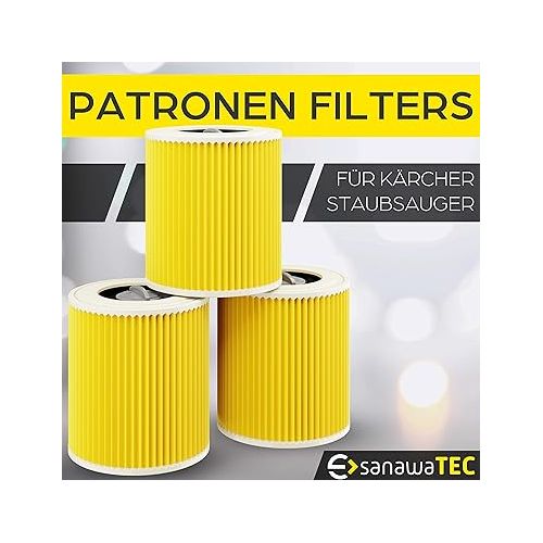  SANAWATEC 3x Cartridge Filter Compatible with Karcher Vacuum Cleaner Premium Replaces Filter WD2 WD3 WD1 MV3 MV2 WD 3 P Extension Kit Against Fine Dust / Odours