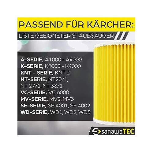  SANAWATEC 3x Cartridge Filter Compatible with Karcher Vacuum Cleaner Premium Replaces Filter WD2 WD3 WD1 MV3 MV2 WD 3 P Extension Kit Against Fine Dust / Odours