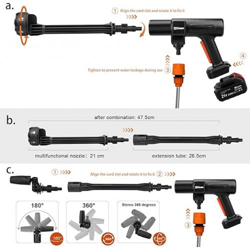  Gisam Battery Pressure Washer, Max 507 PSI High Pressure Washer, with 2 x 3000mA Batteries, Foam Sprayer, 6-in-1 Multifunctional Nozzle and 180° Rotating Nozzle for Cleaning and Watering