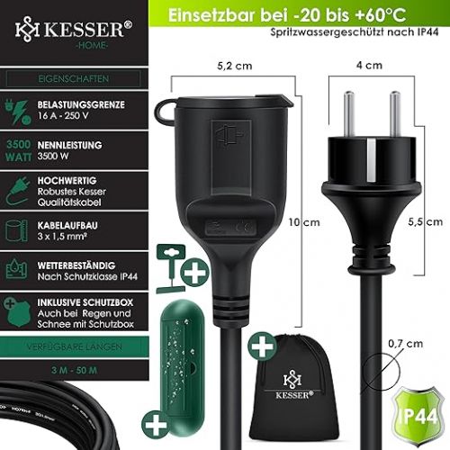  KESSER® Extension Cable 15 m with Protective Cap Outdoor - for Indoor Outdoor Use - Extension Power Cable - 230 V IP44 - with Schuko Plug - Protective Contact, Construction Site Cable, Earthing Contact Plug