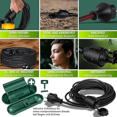  KESSER® Extension Cable 15 m with Protective Cap Outdoor - for Indoor Outdoor Use - Extension Power Cable - 230 V IP44 - with Schuko Plug - Protective Contact, Construction Site Cable, Earthing Contact Plug