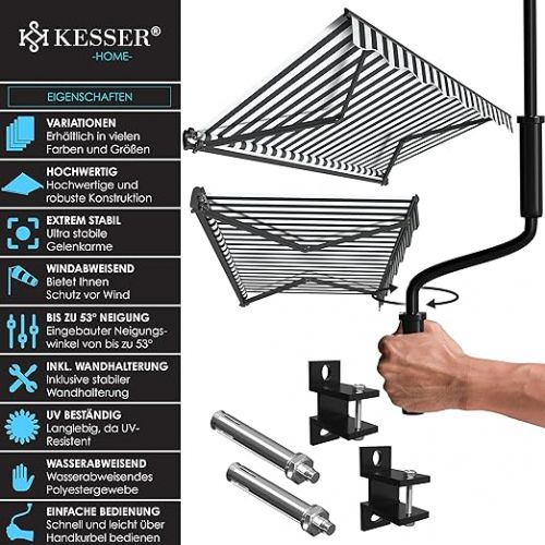  KESSER® Articulated Awning, 250 x 200 cm, Patio Awning, Clamp Awning Sun Awning Including Wall Bracket, Sun Protection, Balcony Awning, Water-Repellent Aluminium / Polyester, White / Anthracite