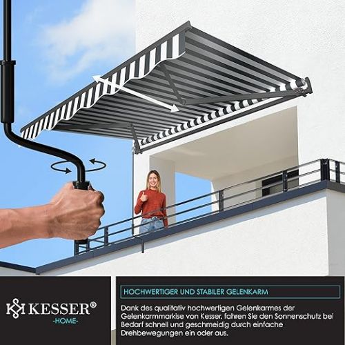  KESSER® Articulated Awning, 250 x 200 cm, Patio Awning, Clamp Awning Sun Awning Including Wall Bracket, Sun Protection, Balcony Awning, Water-Repellent Aluminium / Polyester, White / Anthracite