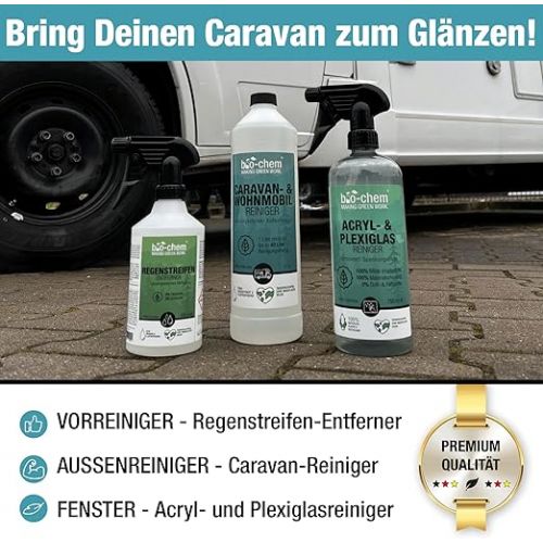  bio-chem Caravan Outdoor Care Set 3-Piece - 1 x 1000 ml Caravan Cleaner + 1 x 500 ml Rain Strip Remover 1 x 750 ml Acrylic and Plexiglass Cleaner - for Motorhome, Caravan, Trailer, Awning etc.