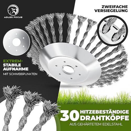  Adler Focus Unkrautburste Light, Neuentwicklung 2024 fur Freischneider | Wildkrautburste fur Motorsense zur Unkrautentfernung | 25,4mm Bohrung mit Adapter auf 20 mm, Drahtburste Freischneider