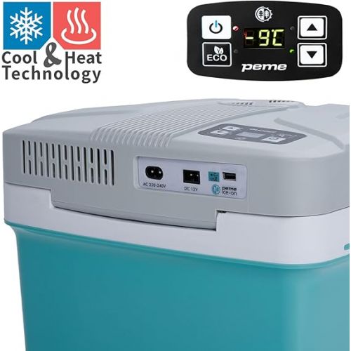  peme Essential | 23 L | Cool Mint | Thermoelectric | with Eco Mode | AC/DC | for Cooling and Keeping Warm | Black | Cool Box with 12 Volt and 230 Volt Connection | Mini Fridge for Car and Camping