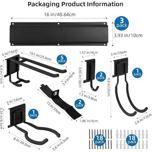  Sinoer Garage Tool Management Wall Shelf, Garage Wall Management Storage Rack with Hooks with 9 Adjustable Irons, Garden Tools, Chairs, Brooms, Mops, Rakes