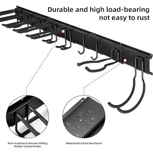  Sinoer Garage Tool Management Wall Shelf, Garage Wall Management Storage Rack with Hooks with 9 Adjustable Irons, Garden Tools, Chairs, Brooms, Mops, Rakes