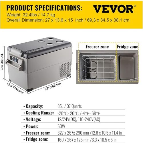  VEVOR 35L Car Fridge Compressor Cool Box Stainless Steel Holiday Insulated Box Mini Fridge Cool Box Car and Socket