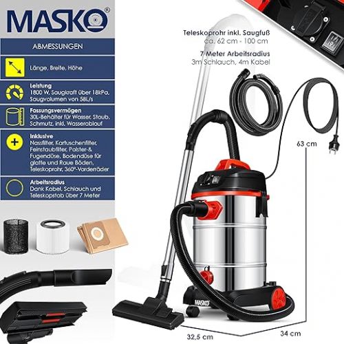  Masko® industrial vacuum cleaner, 1800 W, with socket, blow function, multi-purpose vacuum cleaner, dry and wet suction, industrial vacuum cleaner with and without bags, water vacuum cleaner, bagless, red